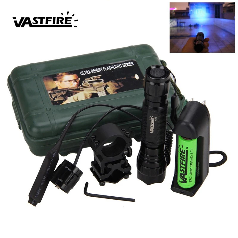 

VASTFIRE Tactical Q5 LED WF-501B Blue Hunting Airsoft Flashlight Weapon Light+Pressure Switch+Rifle Scope Mount+18650+Charger
