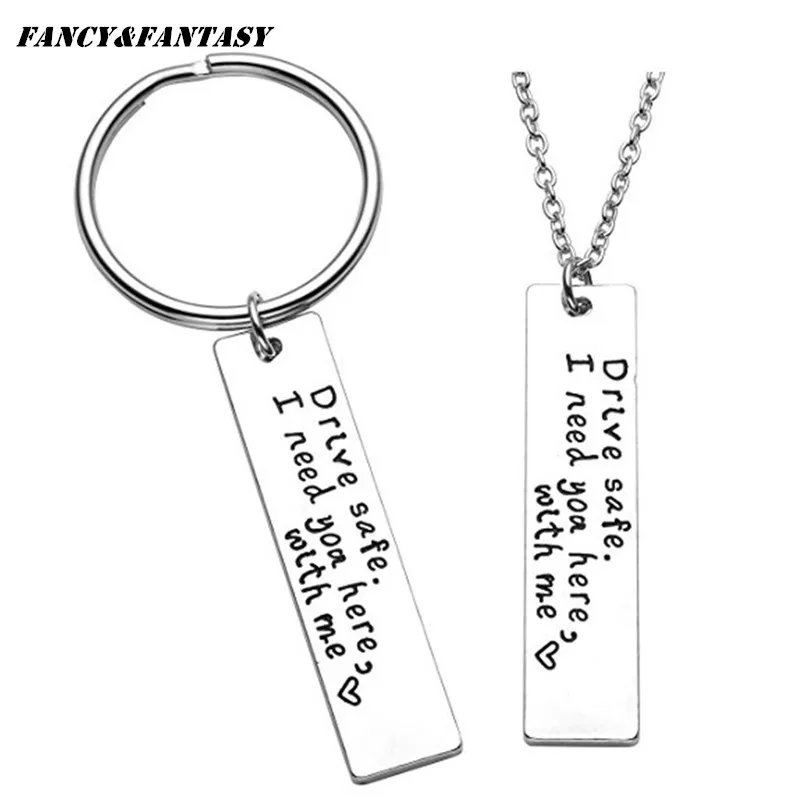 

Fancy&Fantasy Fashion Jewelry Men Women Keyring Necklace Engraved Drive Safe handsome Heart For Couples Gifts Keychain