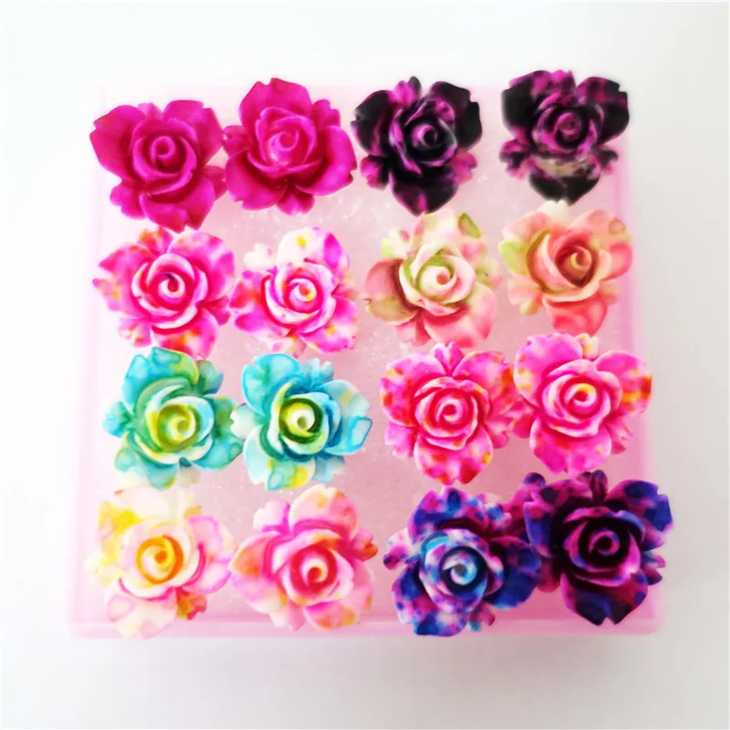 

Kids Girls Nice Resin Paint Rose Flower Stud Earrings Jewelry For Children Mix Colors 8prs/lot