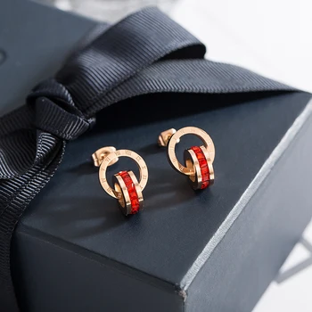 

New classic luxury super flash small crystal Roman digital titanium steel color gold red earrings women jewelry gift