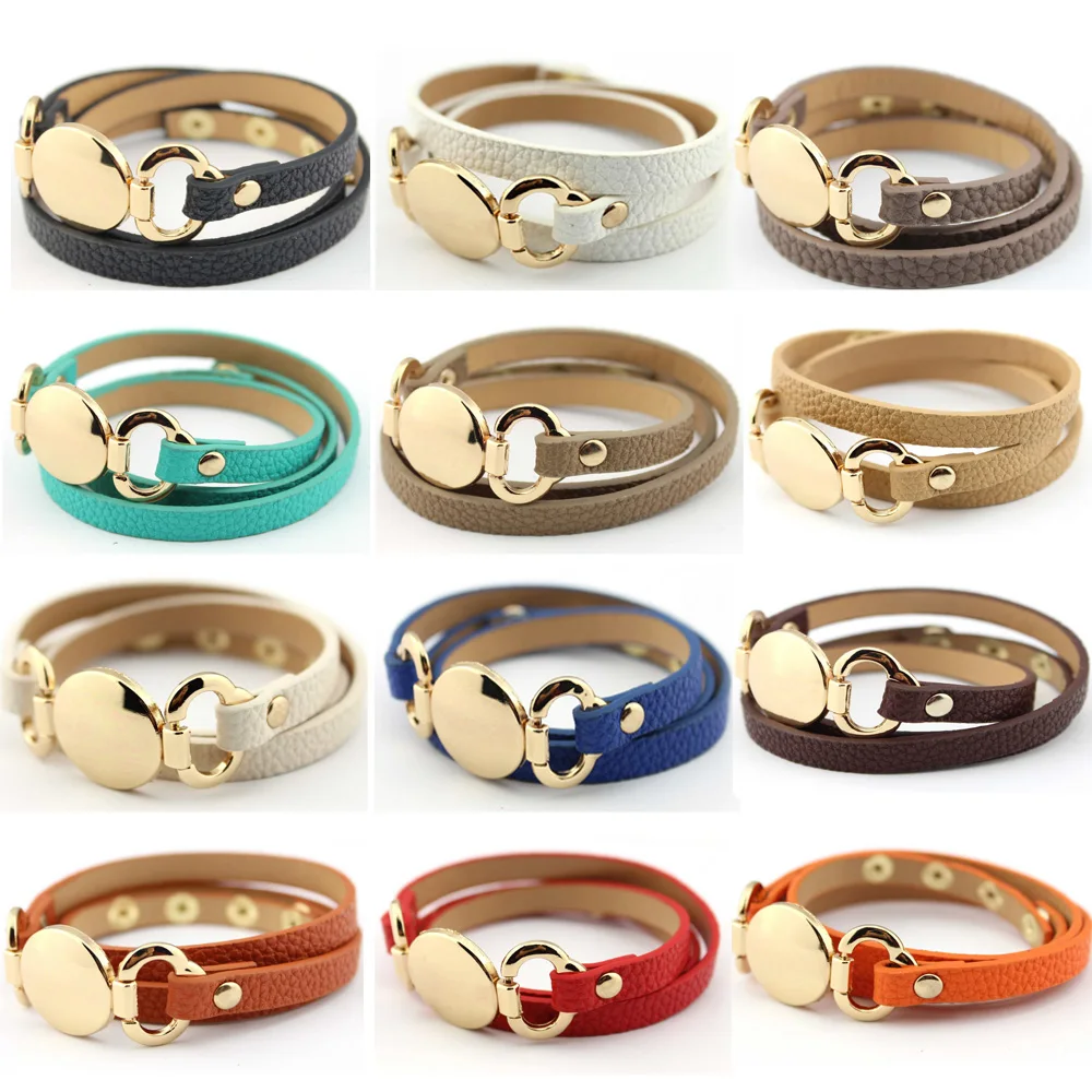 LET IT BE Wholesale Gold Blank Disk Multiple Wrap Leather Bracelet Women Trendy Monogram Genuine ...