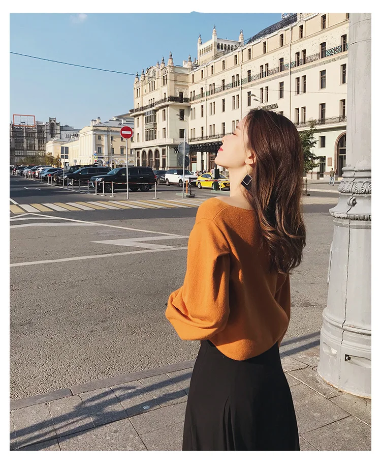 MISHOW Autumn vintage Knitted sweater for women fashion causal Square collar Lantern sleeve short tops MX18C5196