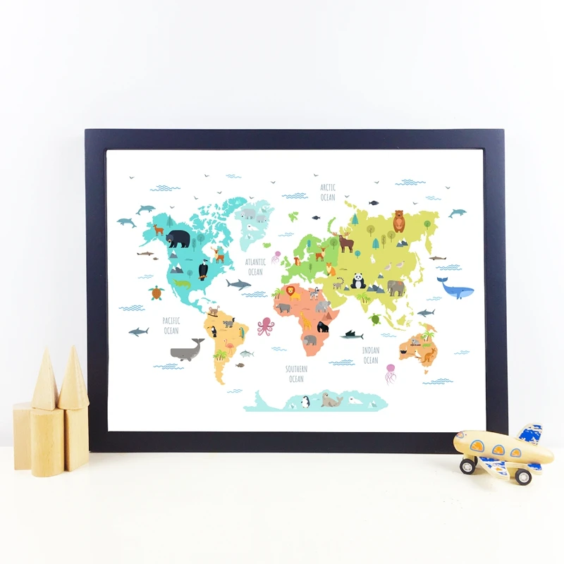 Карта мира с дикими животными печатает учебный плакат милый мультфильм млекопитающие холст картина Детская комната Декор стен