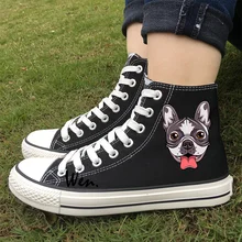 Wen Original Design Cute French Bulldog Head Black Adult High Top Sneakers Women White Canvas Skateboard Shoes Men Plimsolls