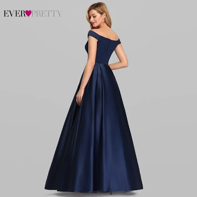 Günstige Navy Blau Satin Abendkleider Immer Ziemlich EP07934NB A Line V ausschnitt Elegante Formale Lange Kleider Vestidos De Fiesta De Noche 2020