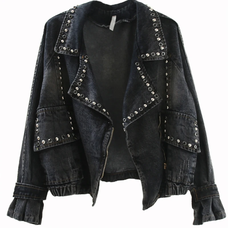 

Jeans Jacket diamond Coat Fashion Basic short Coat women Rivet Short Denim Jacket loose