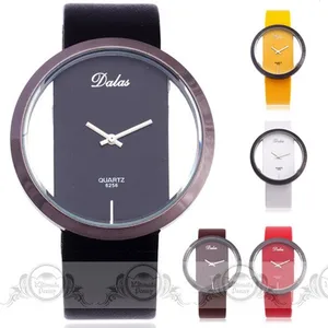 Dalas Модные женские кварцевые часы Уникальный без циферблата обода чехол из искусственной кожи ремешок для мужчин женщин простой полые наручные часы - изображение
