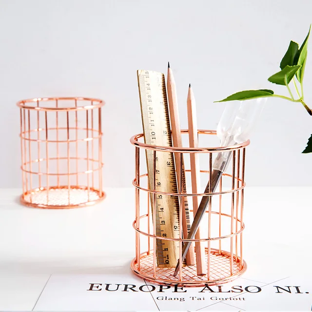 Creative Trend Rose Gold Pen Holder Metal Pencil Holders Desk Organizer
