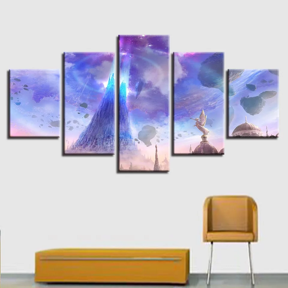 

Canvas Paintings Home Decor Framework HD Prints 5 Pieces Aion Angels Lights Floating Rocks Pictures Game Poster Modular Wall Art
