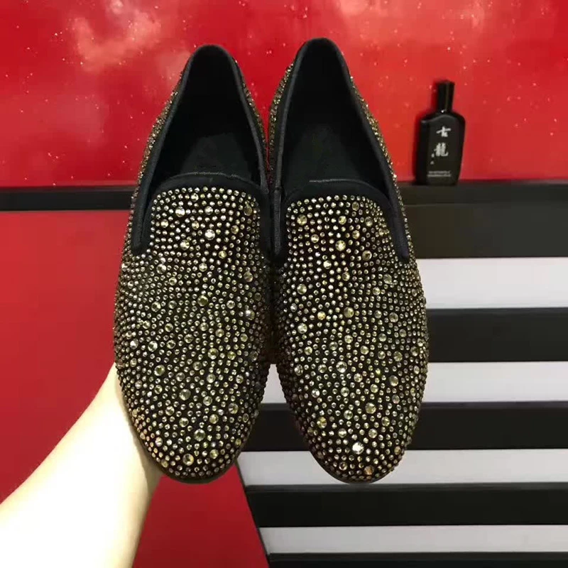 

Luxury Brand Rhinestone Genuine Leather Oxfords Slip On Mens Wedding Dress Shoes Round Toe Business Leather Shoe Flats Shoes Me