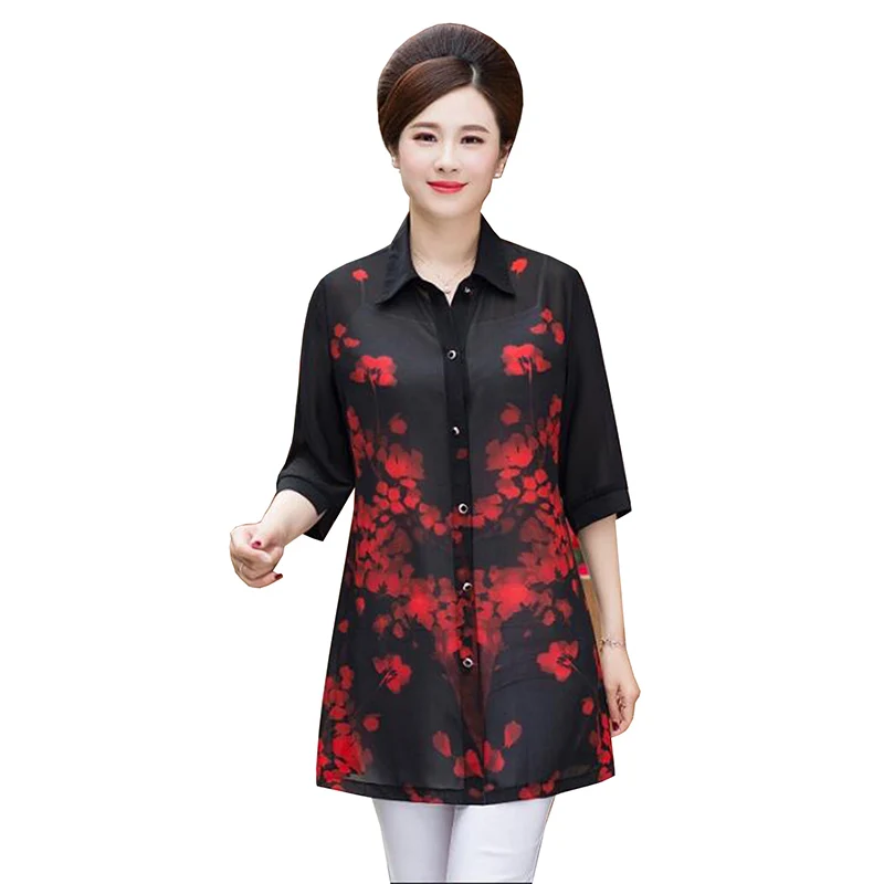 Mother Clothing Summer Print Chiffon Blouse Shirt Cardigans 2019 Middle Aged Women Fashion Plus Size Half Sleeve Casual Tops | Женская