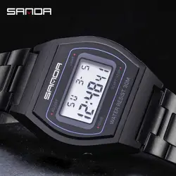 SANDA Модные светодиодный цифровые часы для мужчин браслет из нержавеющей стали водонепроницаемые часы роскошные часы с календарем Relogio