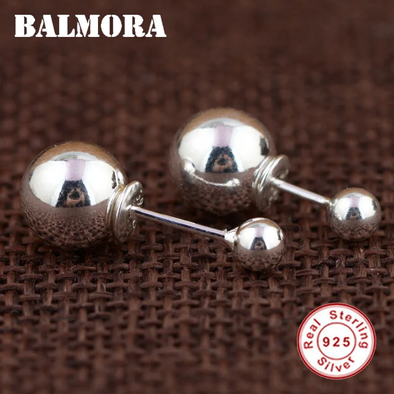 BALMORA, 1 пара, 925 пробы, серебряный, двойной шар, Ретро стиль, серьги-гвоздики для женщин, для влюбленных, особые подарки, простые, элегантные, модные ювелирные изделия