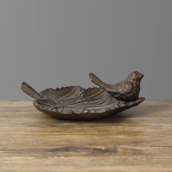 

Rustic Maple Leaf Cast Iron Storage Tray With Bird Figurines On For Decoration Farm House Accents Home Tabletop Metal Plate