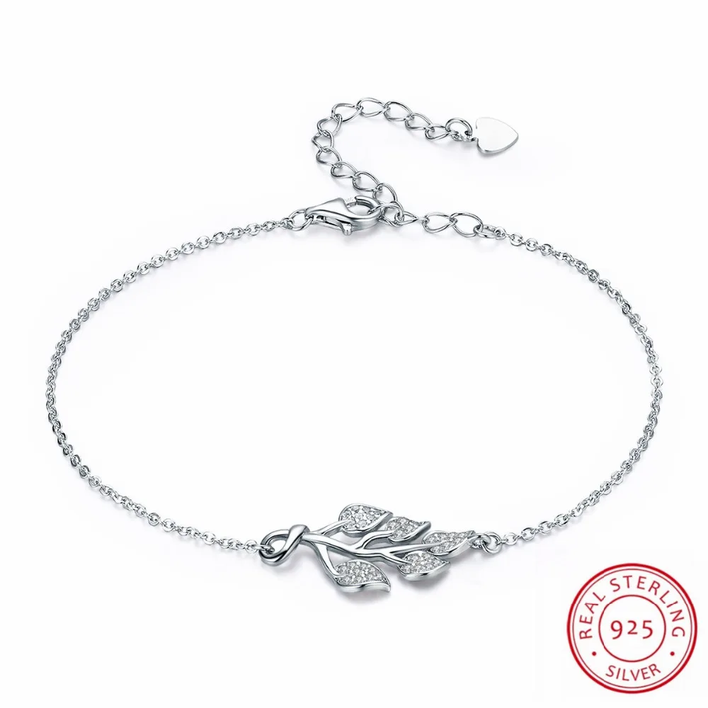 

100% Authentic 925 Sterling Silver Luxury Leaf Shape Cubic Zirconia Bracelet Women Link Chain Bracelet Silver Jewelry