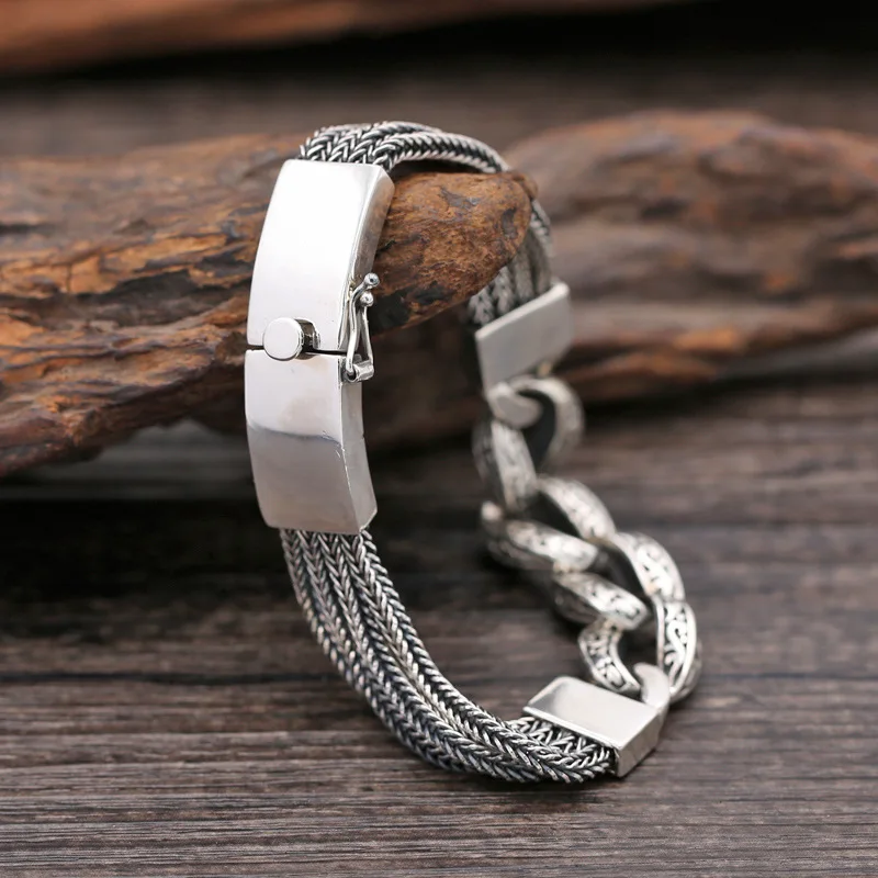 

S925 Sterling Silver Fashion 13mm Wide Men's Bracelet Boyfriend Gift Cross Lace Thai Silver Bracelet
