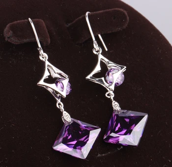 

Solitaire Square Purple Zircon Silver Plated Argent Jewelry Drop Dangle Earring S5285