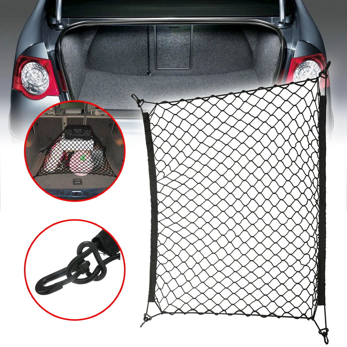

1pcs 70x70cm Universal Car Trunk Nylon Elastic Mesh Storage Cargo Net can Stretch to 100cm with 4 Hooks