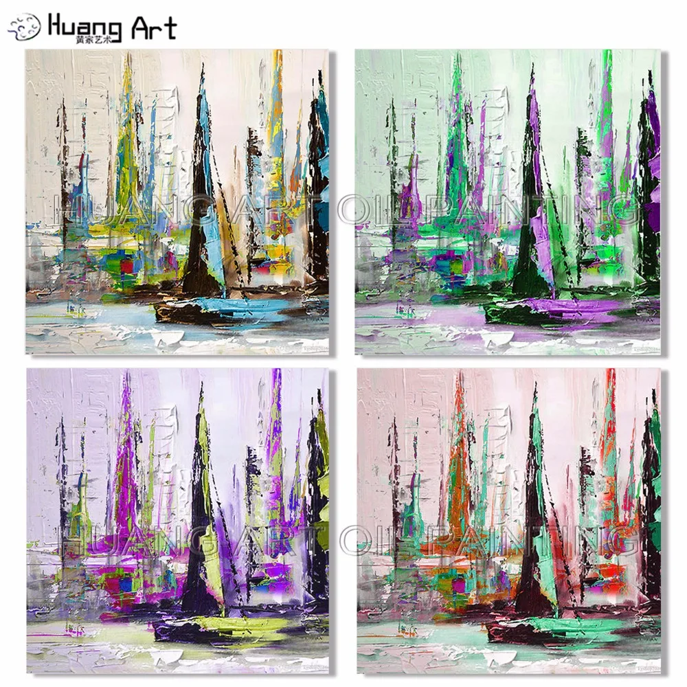 

2019 Hand-painted Colorful Knife Boat Landscape Oil Painting on Canvas for Decor Modern Abstract Knife Seascape Wall Painting
