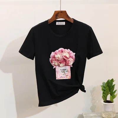 Лето, модная женская футболка, топ для студентов, тяжелый блеск, флакон духов, цветочный принт, короткий рукав, футболки, топы, Harajuku, женская футболка - Цвет: Black