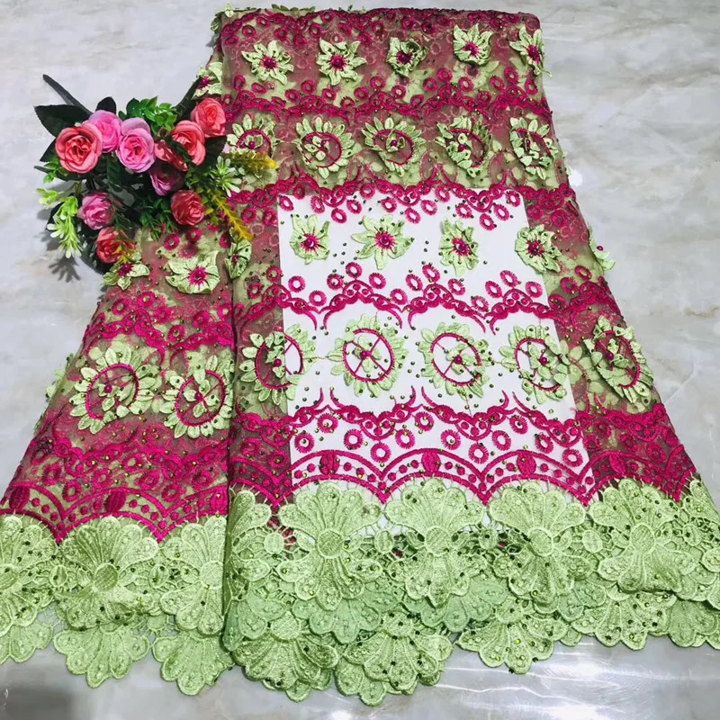 

(5yards/pc) very beautiful African French net lace fabric with guipure lace borders and stones beads for party dress FLV78