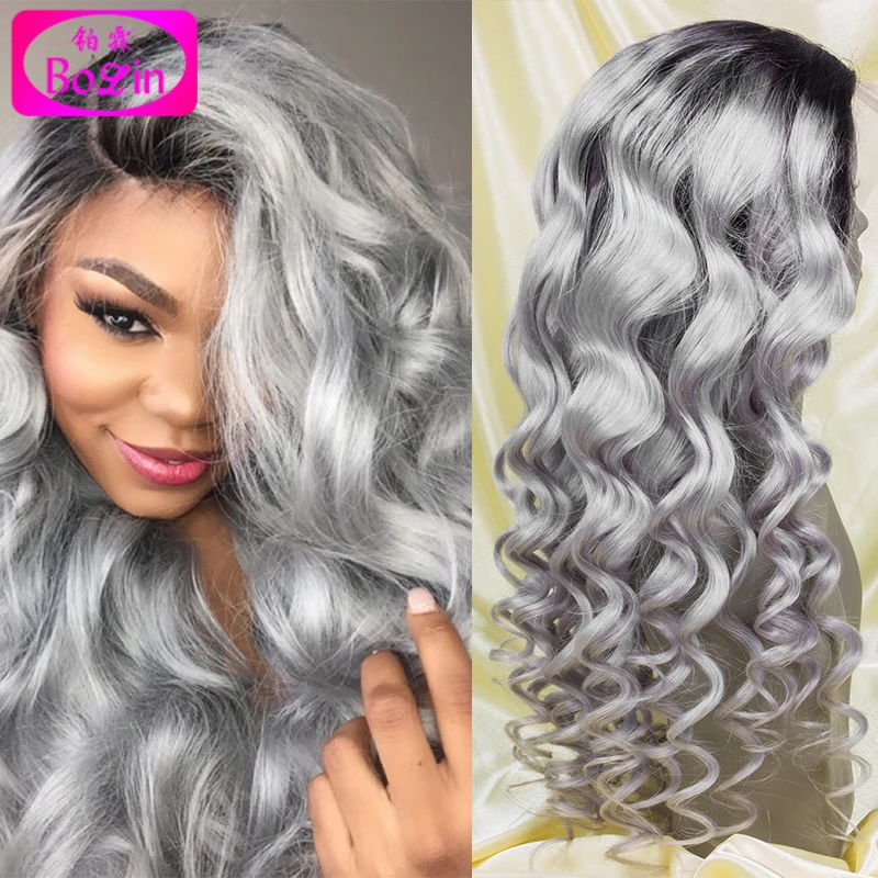 

Glueless Full Lace Ombre Wigs Human Hair Wavy Brazilian Lace Front Wig U part wig For Black Women Ombre 1b grey Human Hair Wig