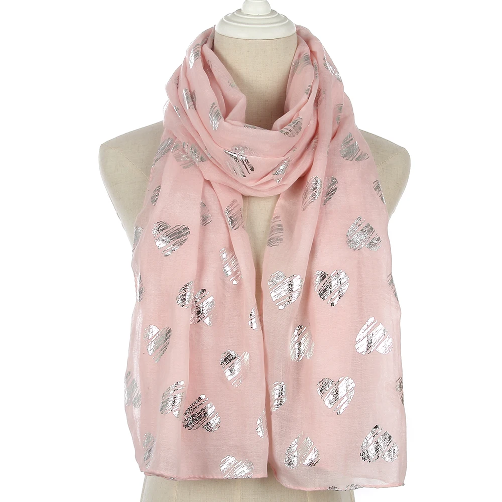 

FOXMOTHER New Fashion Shiny Pink White Grey Yellow Color Love Heart Pattern Foil Sliver Glitter Scarf Beach Shawl Woman Ladies