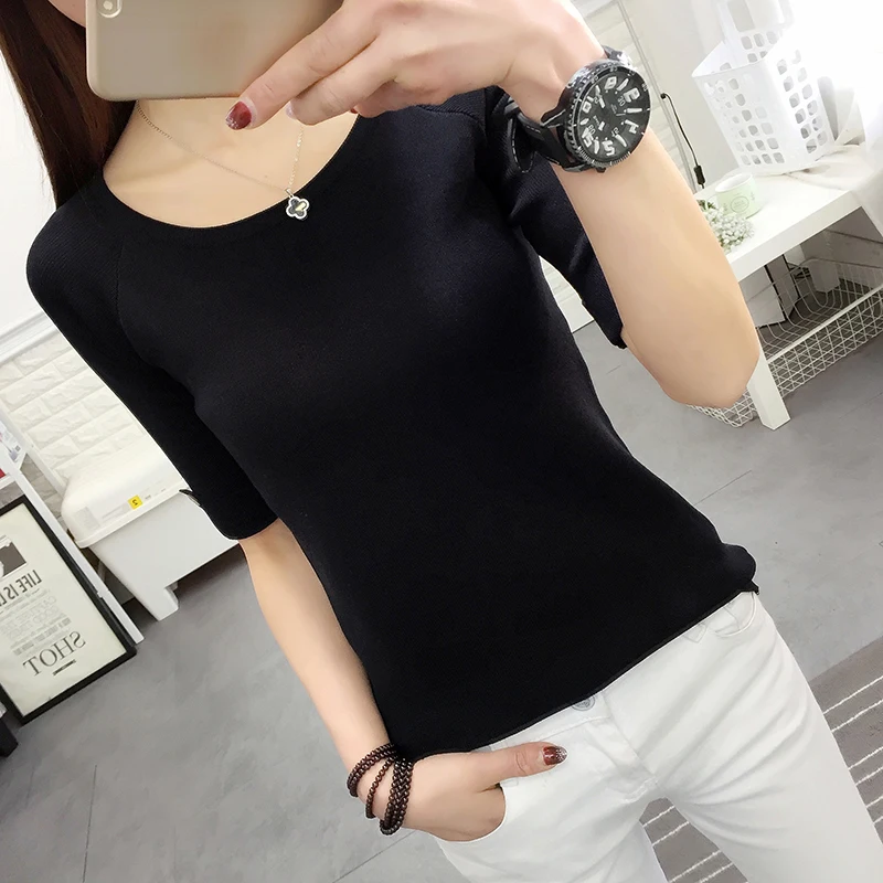 2018 New Women Knitted Pullover Round Neck Solid Half Sleeve Loose Sweater Shirt Female Slim Knit Sweaters Wool Tops Clothing 2018 New Women Knitted Pullover Round Neck Solid Half Sleeve Loose Sweater Shirt Female Slim Knit Sweaters Wool Tops Clothing