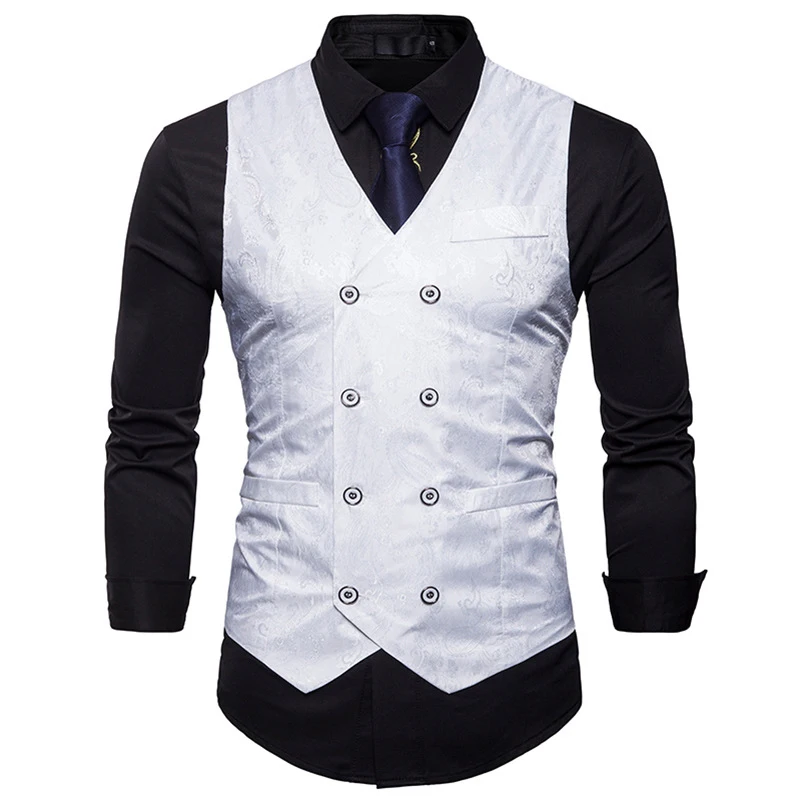 Men's Gentleman Formal Slim Fit Double Breasted Dress Suit Vests 2018 Fashion Paisley Print Men Vest Waistcoat Colete Masculino