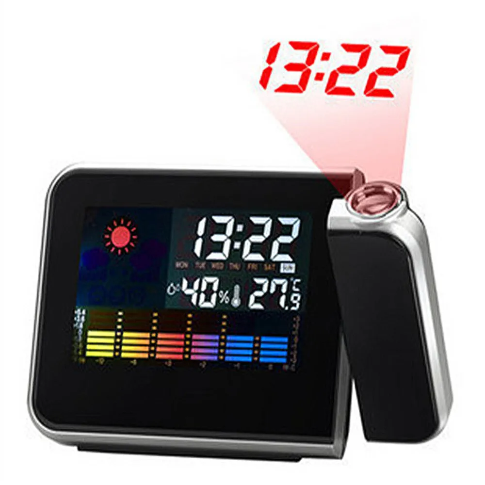 

Digital LCD Projection LED Display Alarm Clock Weather Snooze Function Temperature Thermometer Humidity Table Clock Decor