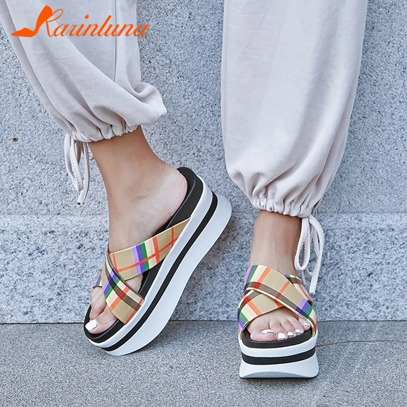 

SARAIRIS 2019 New Fashion Mixed Color Flat Platform Slippers Women Summer Genuine Leather Slippers Women Casual Shoes Woman