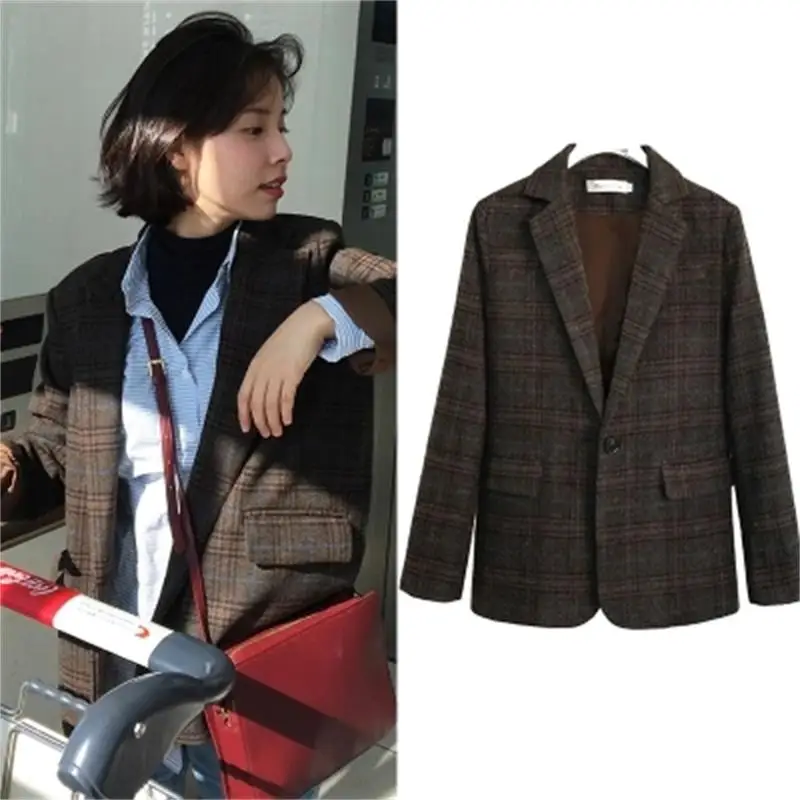

Fashion new small suit wild jacket female 2019 spring Korean retro lattice loose small incense wind small suit tide