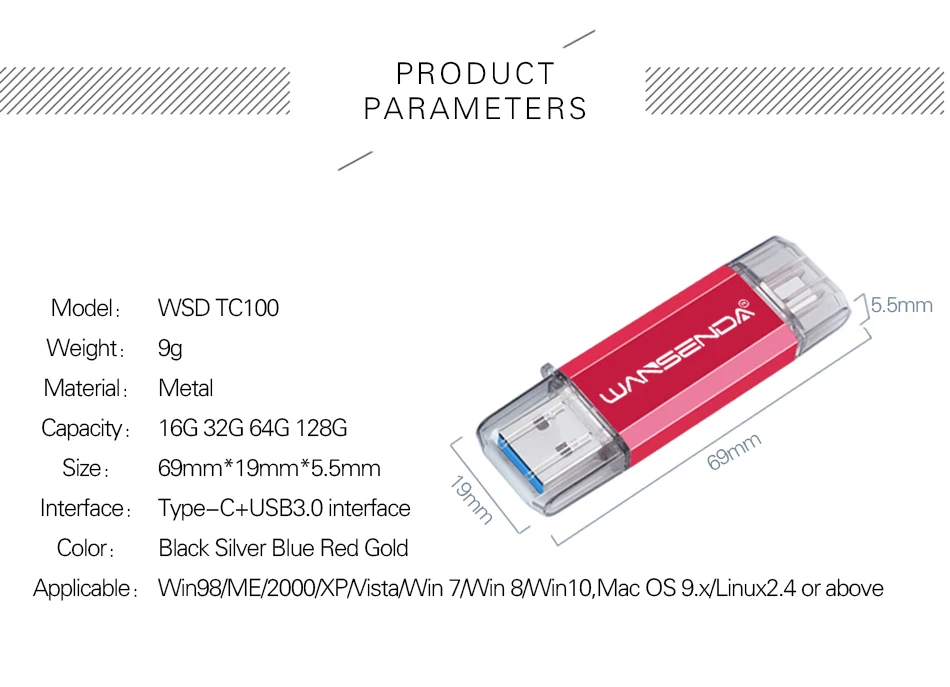 WANSENDA, OTG USB флеш-накопитель, Тип C, флеш-накопитель, 128 ГБ, 64 ГБ, 32 ГБ, 16 ГБ, USB флешка, 3,0, высокоскоростная Флешка для устройств типа C