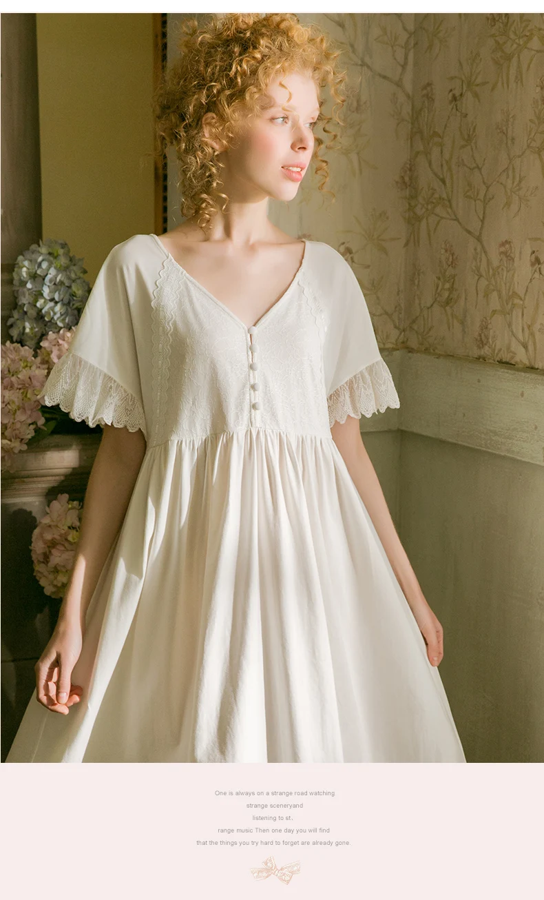 Летние белые хлопковые милые женские ночные рубашки мягкие свободные пижамы элегантные винтажные кружевные ночные платья принцессы 19523