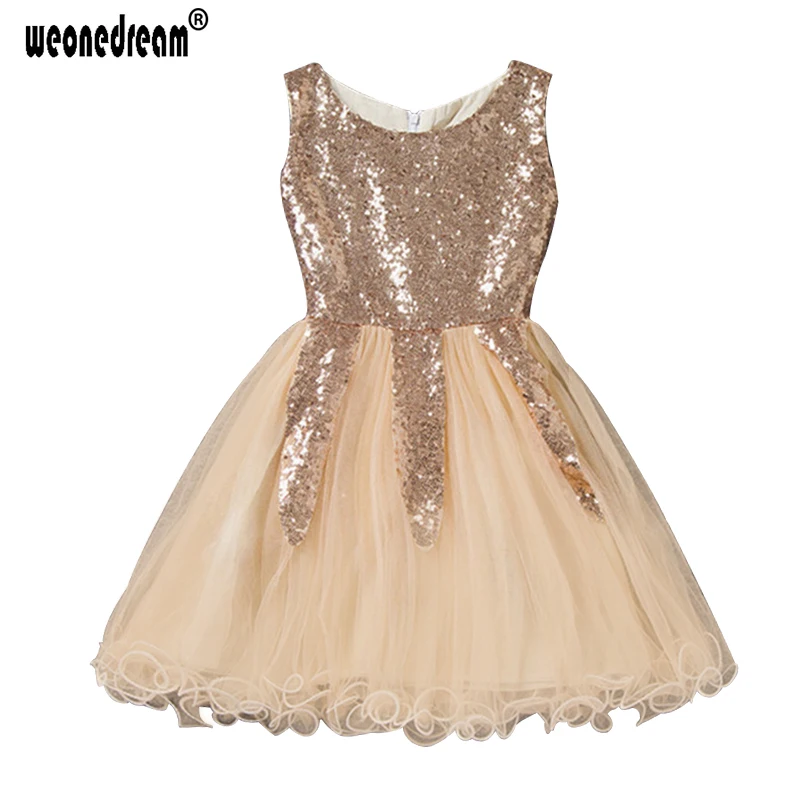 WEONEDREAM Summer New Gold Sequin Flower Girl Dress Sleeveless Pageant Dresses for Little Girls