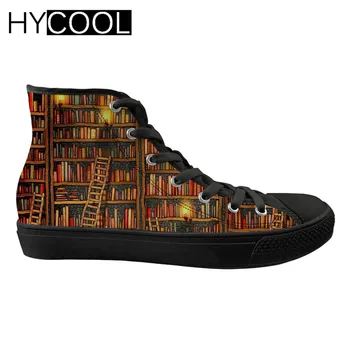 

HYCOOL Womens Walking Shoes Book Library Printing Outdoor Sport Shoes Female Black High Top Canvas Sneakers for Ladies Lace-up