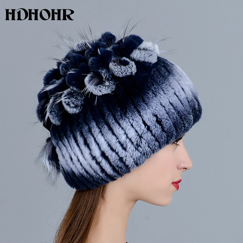 HDHOHR, хит, шапка из натурального меха, шапка из меха кролика Рекс, мех серебристой лисы, шапки бини, женские зимние толстые теплые головные уборы, теплые шапки