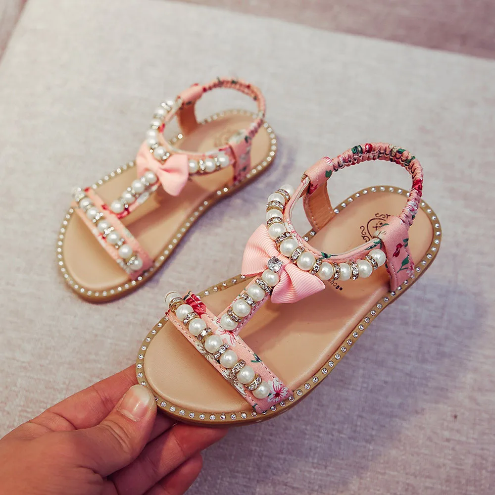 Детская обувь, летняя обувь для маленьких девочек с бантом, жемчугом и кристаллами, римская обувь принцессы, sapato infantil menina5.953