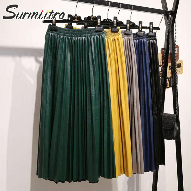 

Surmiitro PU Skirt Women 2019 Autumn Winter Midi Long Korean Elegant Pleated High Waist Leather Skirt Female A line Office Skirt
