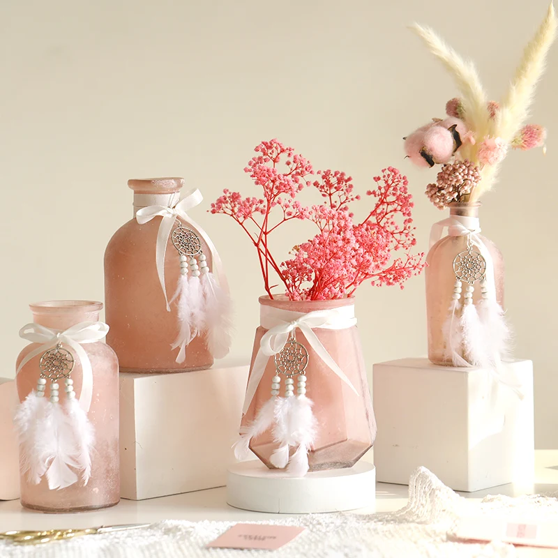 

Modern Pink glass vase Beautiful Lovely Mini Small vase Crafts flower vase wedding vases for table decorations home decoration