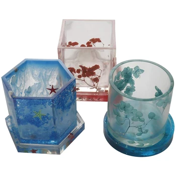 

6 Pack Big Diy Planter Pot Mold Hexagon Cubic And Cylinder Resin Mold 3 Pack Coaster Silicone Mold Round Square Hexagon Square