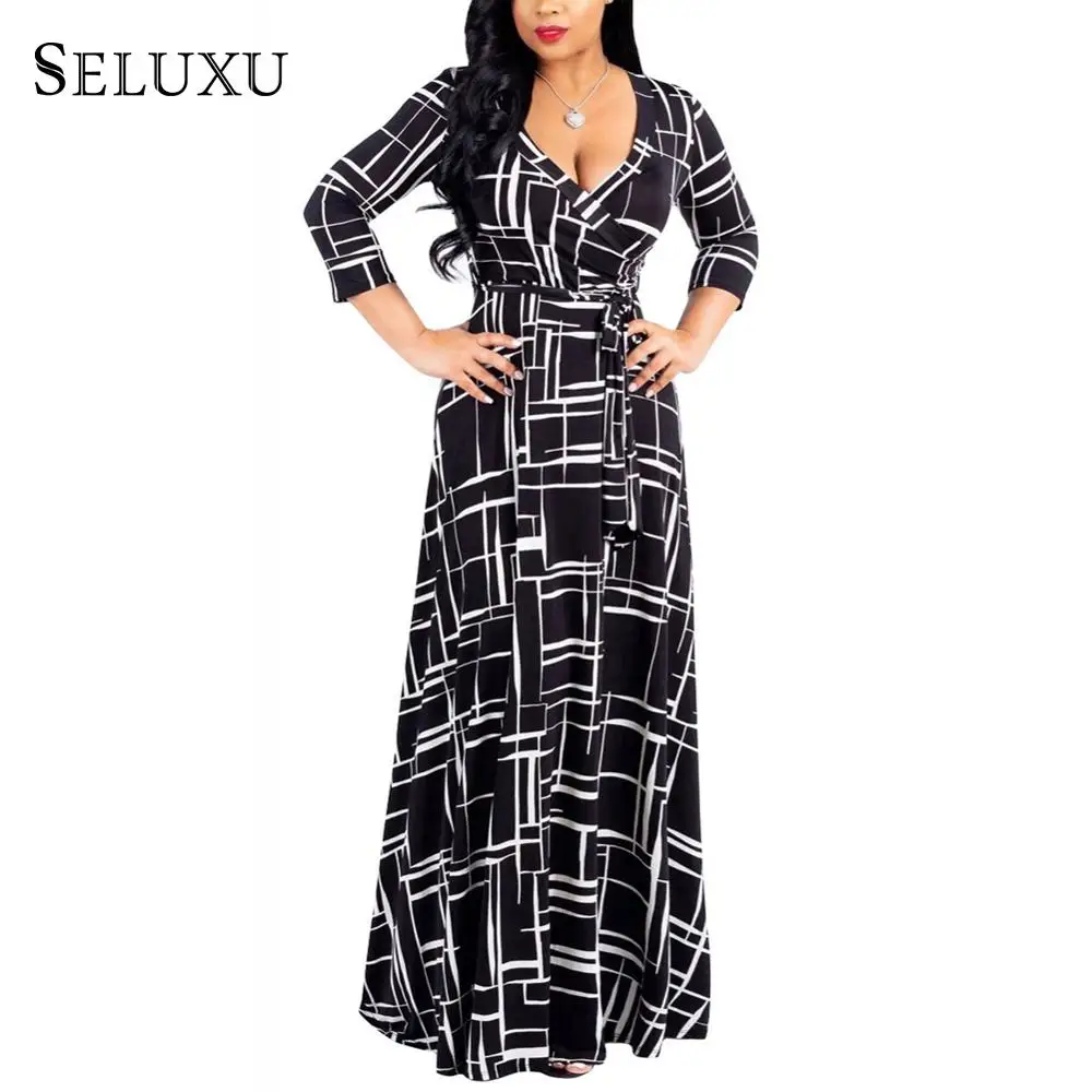 

Seluxu Autumn Women Dress Contrast Color Wrap V Neck Belt Big Size Maxi Dress Three Quarter Sleeve Dress Floral Print Dress