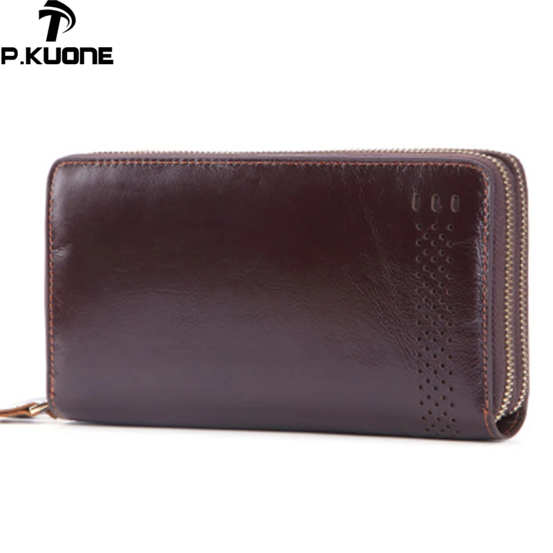 

P.Kuone Men's Long Wallet Genuine Leather Men's Business Bag Multi-Function Double zipper Card Mobile Phone Hand strap Wallet