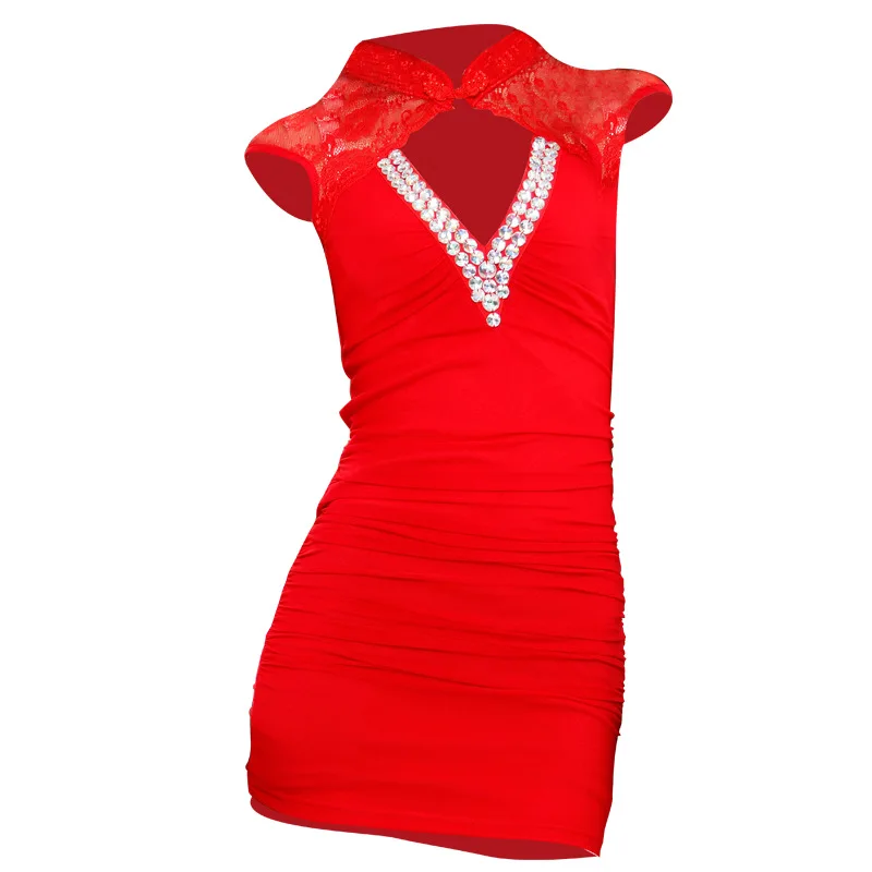 Mini vestido de verano para mujer, Sexy, con cristales, cuello en V, ajustado, Vestido corto para club nocturno, cena, noche, paquete, caderas, vestido de una pieza - 6