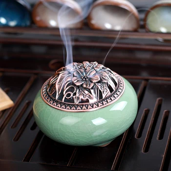 

Longquan celadon aromatherapy furnace with ceramic Buddha hand antique copper cover joss stick sandalwood incense aloes backflow