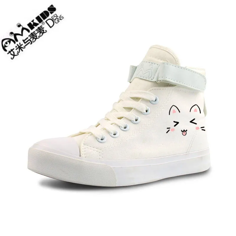 Amymm Детский мультфильм ручная роспись милые смайлики Cat граффити парусиновая обувь Обувь для девочек Высокая обувь на плоской подошве для