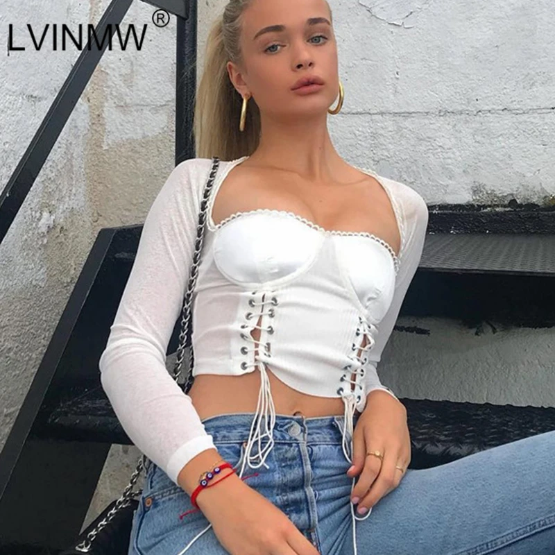Prezzo LVINMW Sexy Black Side Lace Up Sottile Crop Magliette e camicette di Modo 2019 Donne della Molla Manica Lunga Collo Quadrato Low Cut Elastico T Shirt Magliette e camicette Tee