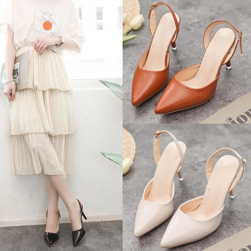 

Women High Heel Shoes Sexy Pointed Toe Pumps Classic Thin Heels Buckle Strap Sling Back Female Stilettos Ladies Dress Shoes