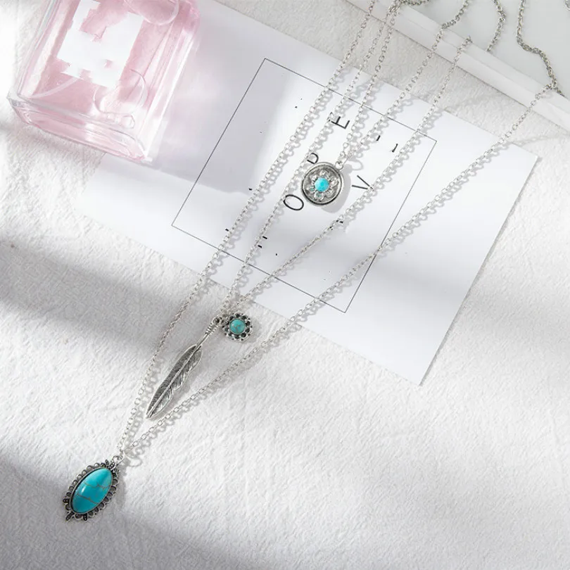 

Fashion Jewelry Pendant Necklace Feather Necklace Retro Ethnic Style Necklace Multi-layer Female Elegant Necklace