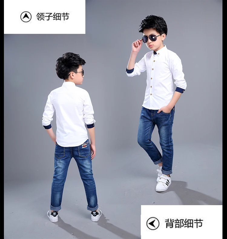 Рубашки для мальчиков-подростков Однотонная рубашка с длинными рукавами рубашка с отложным воротником для мальчиков, белая детская одежда для подростков 6, 8, 10, 12, 14 лет
